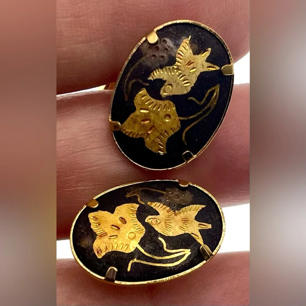 Vintage Gold Tone and Black Damascene Cufflinks